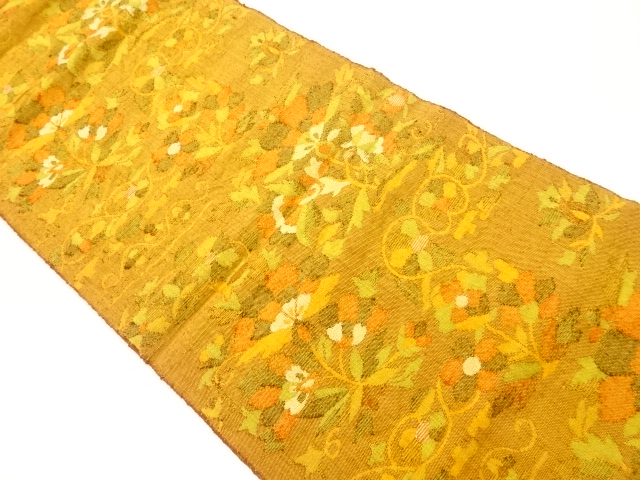 手織り真綿紬花唐草模様織出し名古屋帯